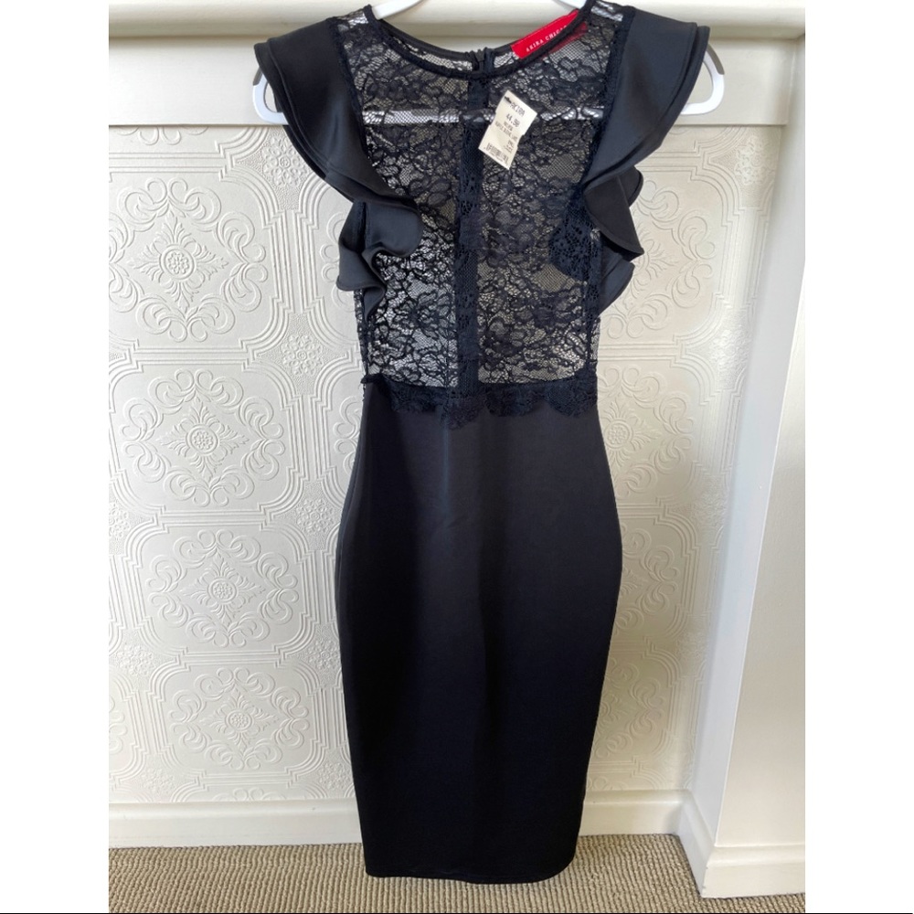 NWT cocktail fitted black midi dress with lace detail and ruffled sleeves